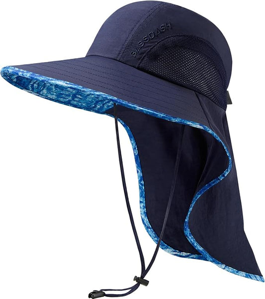 BASSDASH UPF 50+ Unisex Water Resistant Wide Brim Sun Hat with Large Neck Flap Ponytail Fishing Hat for Men Women