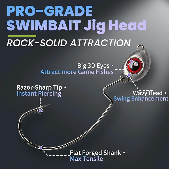 30PCS Swimbait Jig Head Pro Pack, Versatile Ned Rig & Texas Rig Weighted Hooks with Multiple Sizes (1/16 3/32 1/8 3/16 1/4 3/8 1/2oz) for Bass