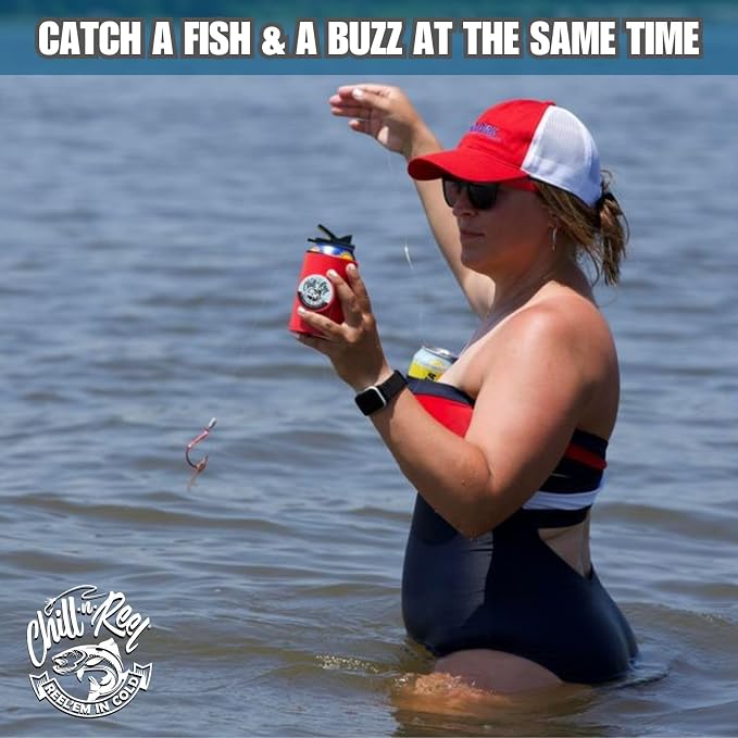 Made in USA | Beer Can Fishing Coolie | Hard Shell Drink Holder with Hand Line Reel | Holds Most Can Sleeves or Coozies | Unique Fishing Gift for Men | Retail Box Packaging | Crimson