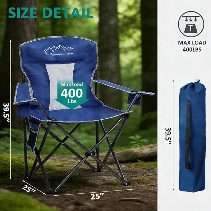 Camping Chairs for Adults Heavy Duty 400lbs Capacity, Folding Chair with Large Anti-Sink Feet & Cup Holder, Extra Wide Portable Outdoor Chair for Camping, Beach, Lawn, Fishing, Blue
