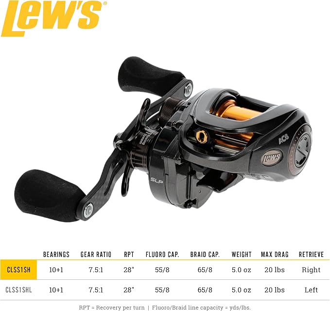 Lew’s Custom Lite SS Baitcast Fishing Reel, 10+1 Double Shielded Bearings, 7.5:1 Gear Ratio, Super Shallow 30 mm Spool, Tanso Tech Frame, Carbon Fiber Drag, Carbon Gray
