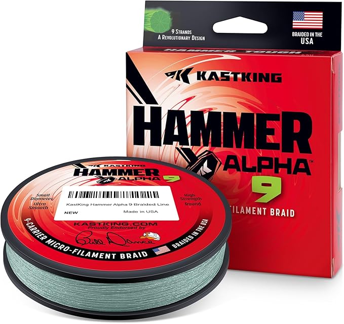 KastKing Hammer Alpha 9 UHMWPE Braided Fishing Line - Made in the USA, Strong and Smooth, Round, 9-Carrier, Colorfast Braided Fishing Line, Perfect for Most Fishing Reel and Finesse Applications