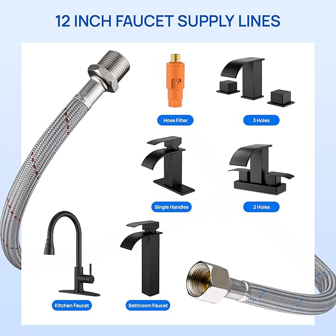 J-HVA Faucet Supply Lines Length 12" x G 3/8 Female Thread Connector Braided Nylon Extension Hoses for Bathroom Kitchen Sink Faucet Hose Filter, Stainless Steel Nut (1 Pair)