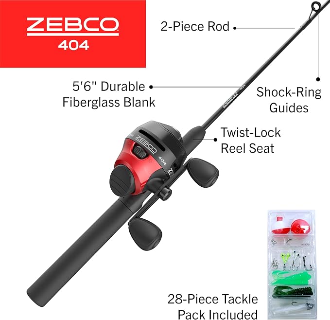 Zebco 404 Spincast Reel and Fishing Rod Combo, 5'6" 2-Piece Durable Fiberglass Rod with EVA Handle, Quickset Anti-Reverse Reel with Built-in Bite Alert, 28-Piece Tackle Pack,Black/Red