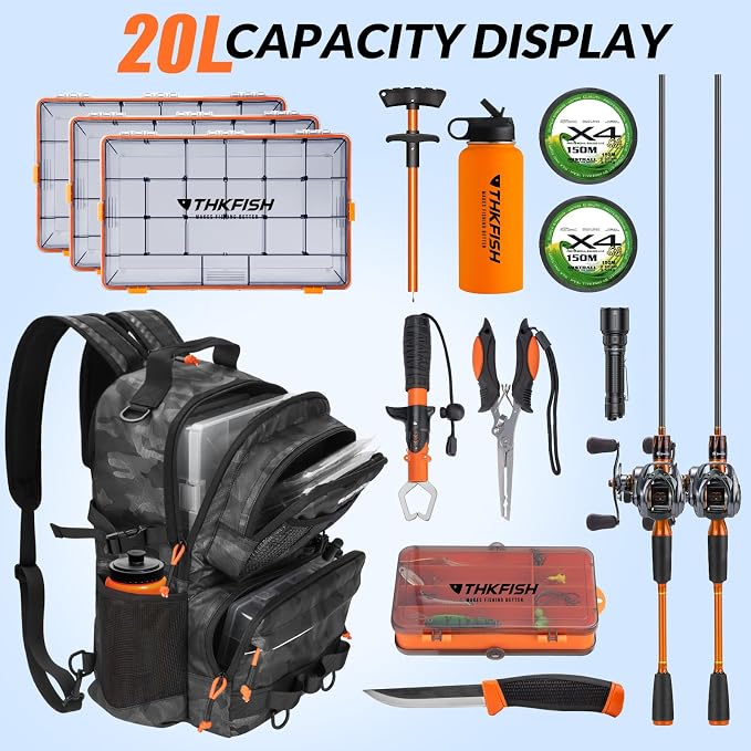 THKFISH Fishing Backpack Tackle Sling Bag, 20L Tackle Backpack with Rod Holder Store Fishing Gear, Gifts for fishermen