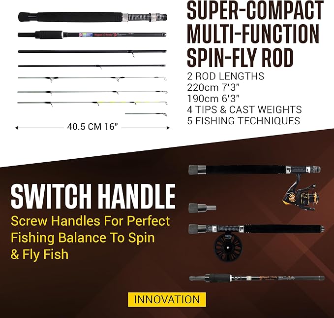 Rigged & Ready X Series™ Travel Fishing Rods. 6 Super Compact Combos and Rods, Multi-Functional, Spinning Poles. 5 to 25 Techniques from one Rod. Spin, Bass, Carp, Fly. Fresh & Saltwater Angling.