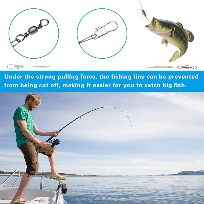 Benykyo Fishing Leader 40 lb High Strength Fishing Leaders with Swivels and Snaps，Steel Fishing Leaders Freshwater & Saltwater，Silver 60Pcs