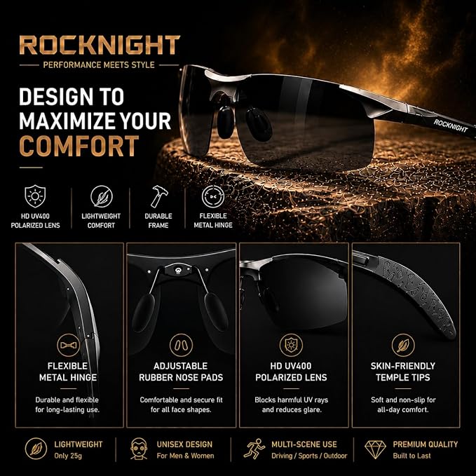 ROCKNIGHT Polarized Rectangular Sunglasses for Men Driving UV400 Protection Lightweight Al‑Mg Frame