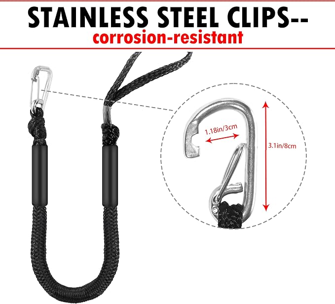 Boat Bungee Dock Lines – Adjustable Boat Tie Downs for Pontoon, Jet Ski, PWC, Kayak | Single Hook Small Cruiser Mooring Lines | (2, Black, 3 Feet)