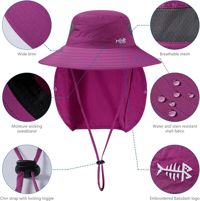 BASSDASH UPF 50+ Breathable Sun Hat with Removable Face Cover and Neck Flap Wide Brim Bucket Hat for Fishing Hiking Men Women