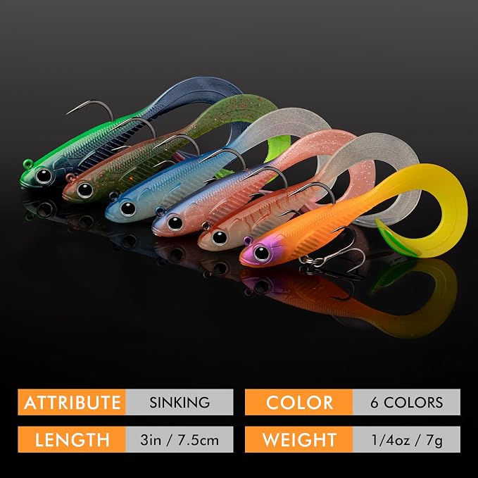 TRUSCEND Duramax Pre-Rigged Fishing Lures with BKK Jig Hooks, 10X Tear-Resistant TPE Soft Swimbaits for Bass Striper Trout Crappie Walleye Grouper, Lifelike Fishing Baits for Saltwater and Freshwater