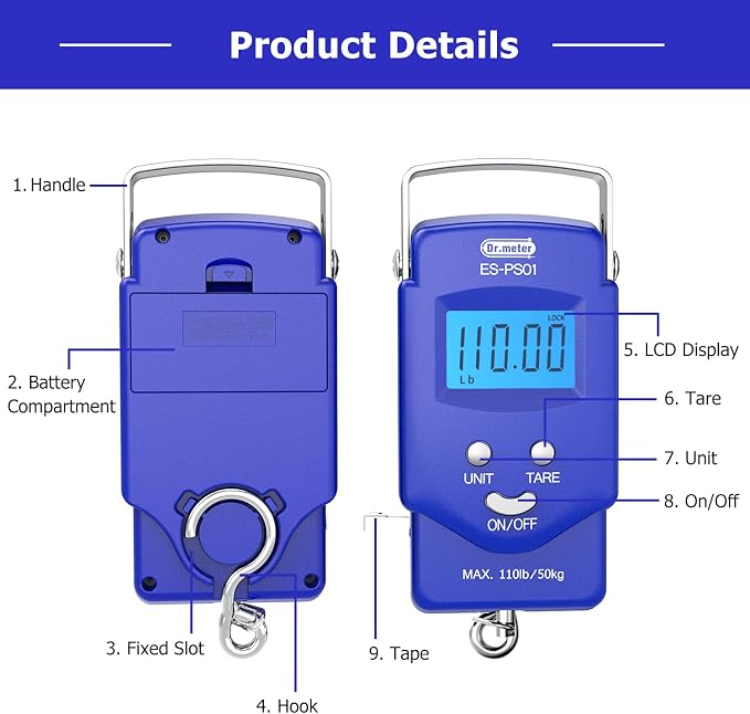 Dr.meter Fish Scale Luggage Scale Fishing Gear - 110lb Backlit LCD Display Digital Scale with Built-in Measuring Tape - Fishing Scale with 2 AAA Batteries, Pocket Size - Fishing Gifts for Men