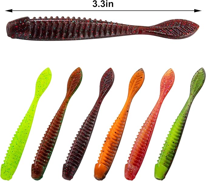Dr.Fish 20 Pack Soft Worm Fishing Lures Flat Tail Soft Plastic Bass Fishing Bait Drop Shot Bait Freshwater Crappie Walleye Panfish