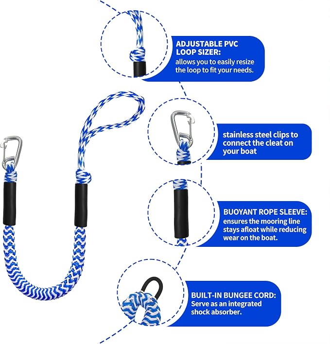 Boat Bungee Dock Lines – Adjustable Boat Tie Downs for Pontoon, Jet Ski, PWC, Kayak | Single Hook Small Cruiser Mooring Lines | (2, Blue & White, 3 Feet)