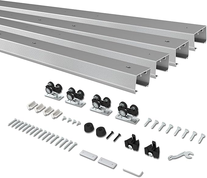 12FT Double Pocket Door Track Kit, 2 Sets of 68.7" Spliced Rail, Suitable for Double Door Width 48"-72"(Single Panel 24"-36"), Slide Quietly and Smoothly, Easy to Install