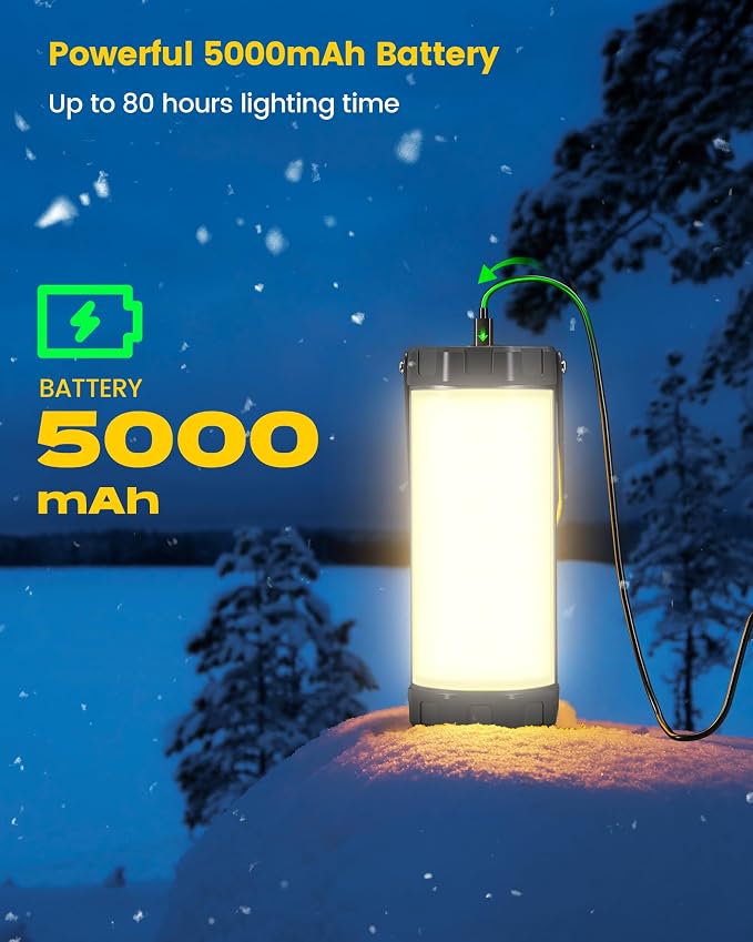Glocusent 106 LED Camping Lights, Up to 80Hrs, 5000mAh Camping Lantern Rechargeable with 5 Brightness 3 Modes & SOS, IP68 Waterproof, Max 1200LM, Lanterns for Power Outages Hiking Emergency Hurricane