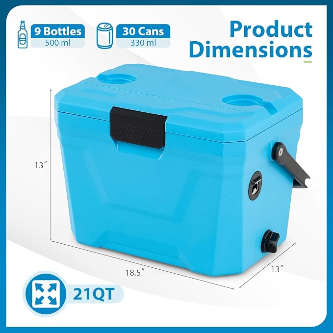 KOTEK 21qt Hard Cooler, Insulated Portable Ice Chest with Drain Plug, Bottle Opener & Cup Holders, Outdoor Cooler with Handle for Camping, Beach, Fishing and Boating