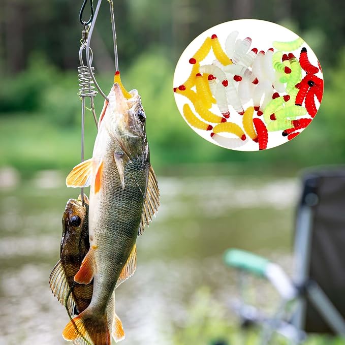 Giantree 50 Pcs Soft Silicone Maggot Worm, Soft Maggot Baits Fake Bread Worms, Fake Worms, Fishing Bait Plastic Fresh Water Fishing Lures Soft Maggot Baits Rubber Maggots Fishing Bait for Trout