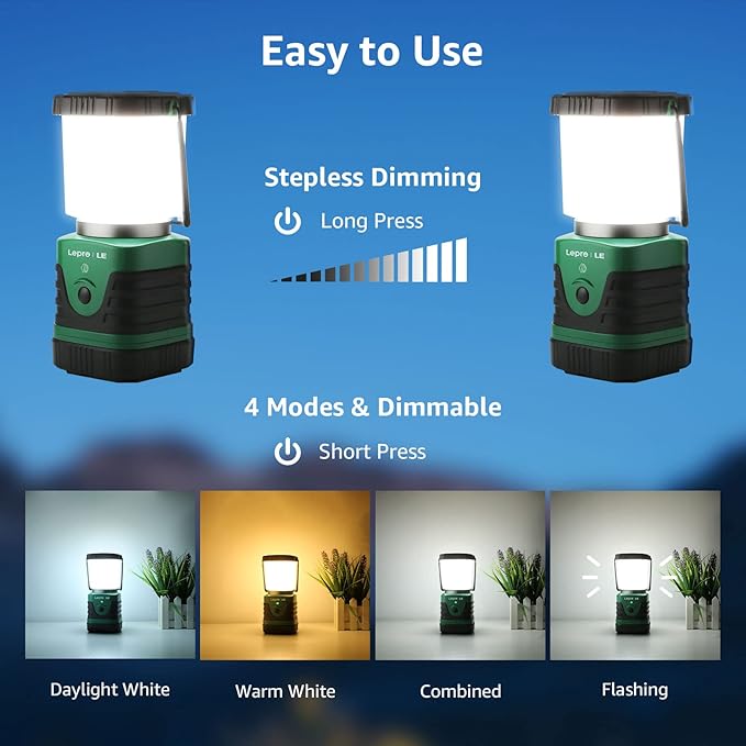 Lepro 1000LM LED Camping Lantern Rechargeable, 4400mAh Green Tent Light with 4 Light Modes, Waterproof Lantern Flashlight for Hurricane Emergency, Camping Essentials, USB Cable Included
