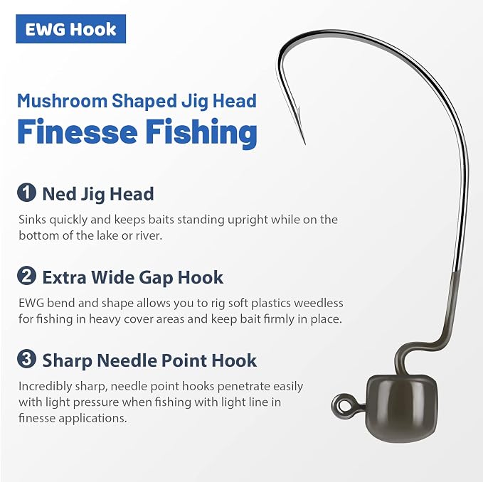 MadBite by KastKing Ned Rig Jig Heads for Soft Fishing Lures, 24-Pack Finesse Standard Mushroom Stand-up Ned Heads Kit, Needle Point Saltwater & Freshwater Versatility Ned Rig Hooks 1/8, 1/16, 3/16 oz