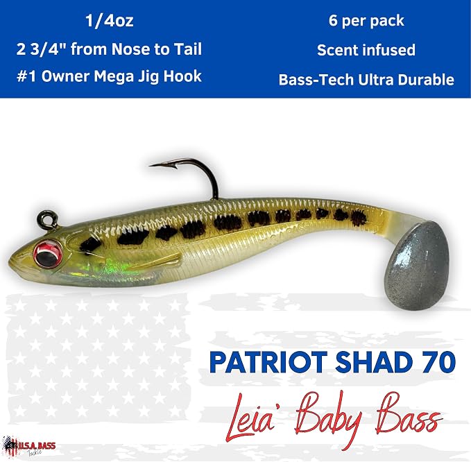 USA Bass Tackle Patriot Shad - Scent Infused Paddle Tail Swimbaits Pre Rigged Fishing Lures Premium Bait Strong Owner Hook, Fishing Gear for Bass Freshwater Predator Fish