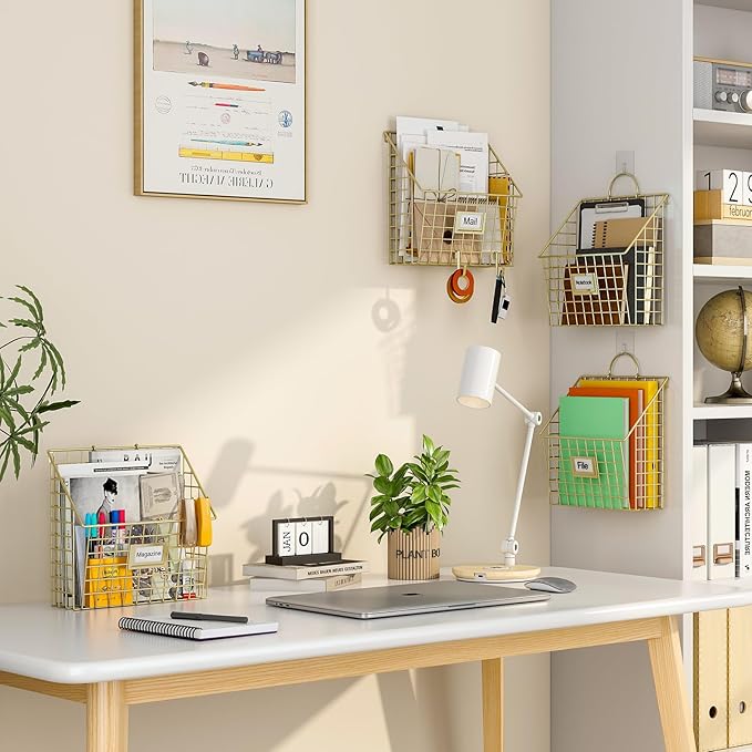 Wall File Organizer Mesh Hanging Wall Files Holder,Magazine Rack and Mail Basket with Hooks, Office Wall Organizer for Papers Folders Files Clipboard 4 Packs, Gold(Patent Pending)