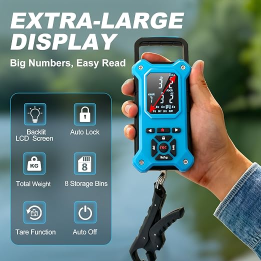 SNAIL TRAIL 8 Storage Bins Digital Fishing Scale & Lip Gripper with Auto-Rank, Large & High Contrast Backlit LCD Display, Multi-Mode(LB, LB-OZ, KG), 50 lbs Tournament Bass Fish Weigher, Gift for Men