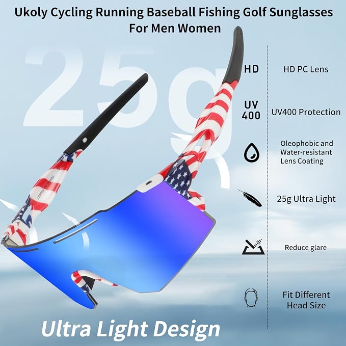 Ukoly Cycling Sunglasses for Men Women with 3 Interchangeable Lenses, Polarized Sports Sunglasses, Baseball Sunglasses