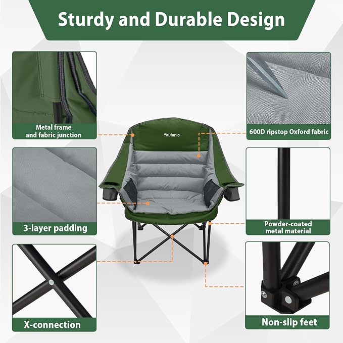 Youtanic Oversized Extra Large Padded Camping Chair, up to 400lbs, Folding Camping Chairs with Side Pocket, Carry Bag, Heavy Duty Outdoor Camp Chairs for Adults, Fishing, Sports, Trip, Gray-Green