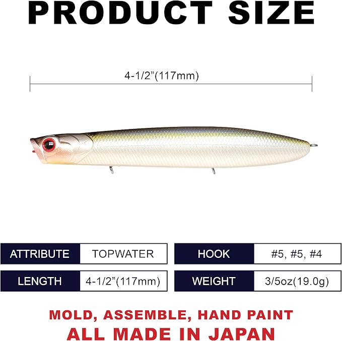 LUCKY CRAFT Gunfish 117 Freshwater Fishing Lures, Top Water Fishing Gear for Trout and Bass Fish, Spooks Cupped Mouth Walker, Long Casting Treble Hooks, Fish Accessories for Tackle Box