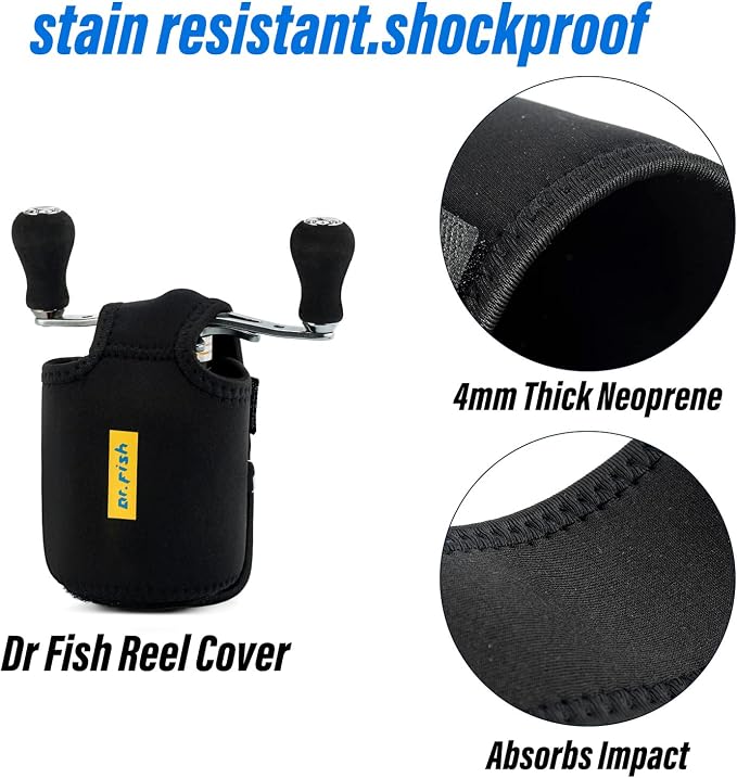 Dr.Fish 2 Pack Baitcasting Fishing Reel Cover Profective Low Profile Neoprene Left Right Handed Black Blue Baitcaster Storage Bags Wraps Reel Case