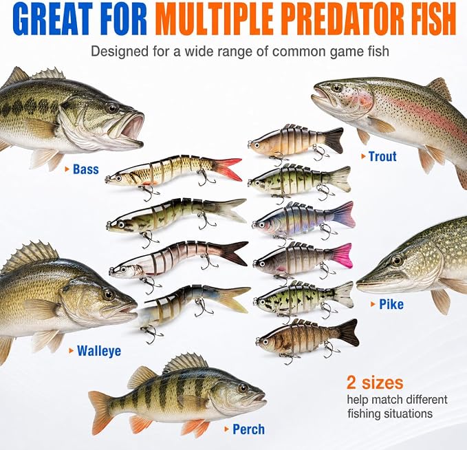 SANWEAL 6PCS Multi Jointed Fishing Lures Kit, 2 Size Slow Sinking Swimbait Hard Baits with 3D Eyes and Treble Hooks, Segmented Baitfish Artificial Fishing Bait for Bass Trout Freshwater Saltwater