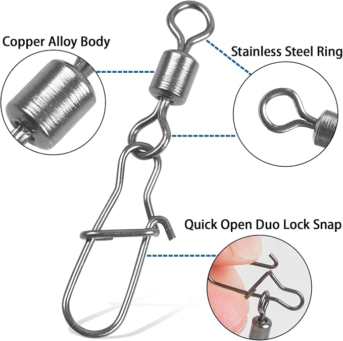Fishing Snap Swivels Rolling Barrel Swivels with Safety Snaps High Strength Copper and Stainless Steel, Black Nickel Coated Quick Connect Swivel Snap Fishing Tackle