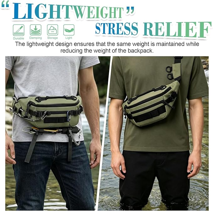 Fishing Waist Pack, Waterproof Fanny Pack with Two Tackle Boxes, Portable Sling Bag for Women & Men, Oxford Fabric, Green