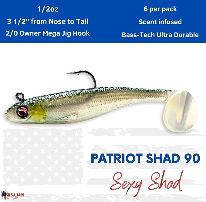 USA Bass Tackle Patriot Shad - Scent Infused Paddle Tail Swimbaits Pre Rigged Fishing Lures Premium Bait Strong Owner Hook, Fishing Gear for Bass Freshwater Predator Fish