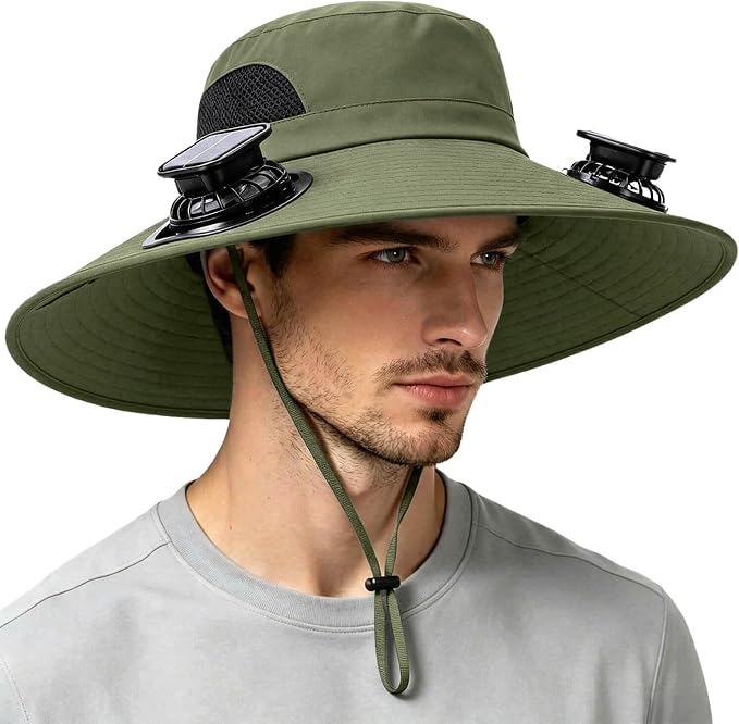 Solar Powered Fan Hat for Men Women Wide Brim Hat with 2 Fans UPF 50+ Outdoor Fishing Beach Sun Hat