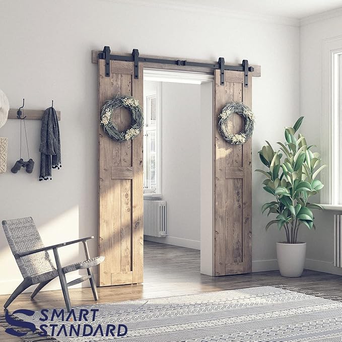 SMARTSTANDARD 6FT Double Barn Door Hardware Kit, Sliding Door Track-Smoothly and Quietly -Includes Detailed Installation Fit 18" Wide Doorpanel (J Shape Hanger) Black