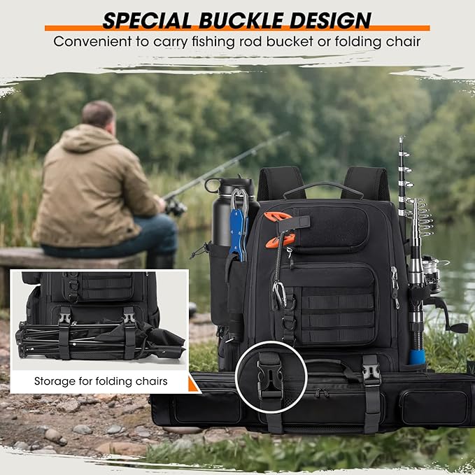 RAINSMORE Fishing Backpack with Rod Holders & Cooler 40L Water Resistant Tackle Backpack with Rain Cover Store Fishing Gear