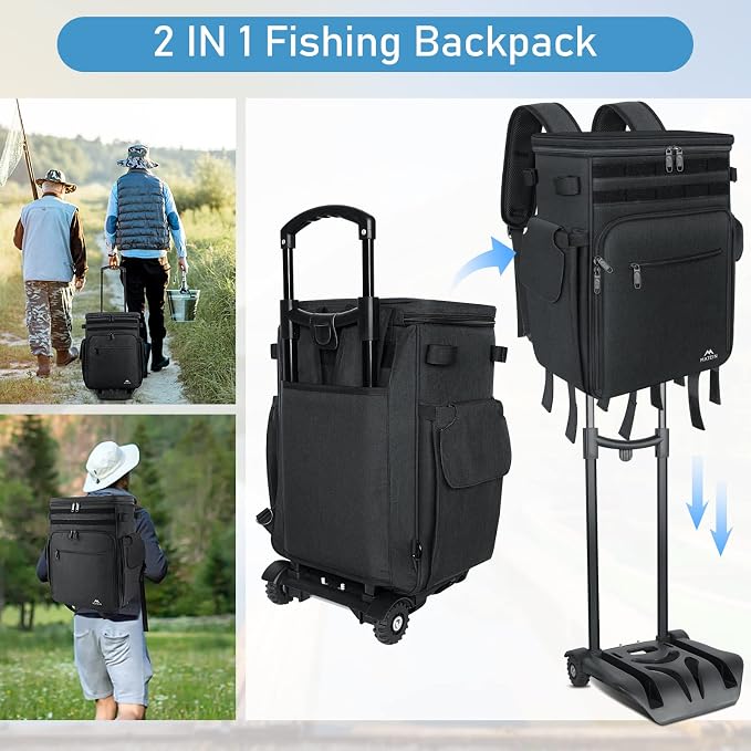 MATEIN Rolling Tackle Box with Cooler, Large Fishing Bag with Wheels for 5 Trays(Trays Not Included), Saltwater Resistant Tackle Backpack with Rod Holders for Storage Gear Pole Lures