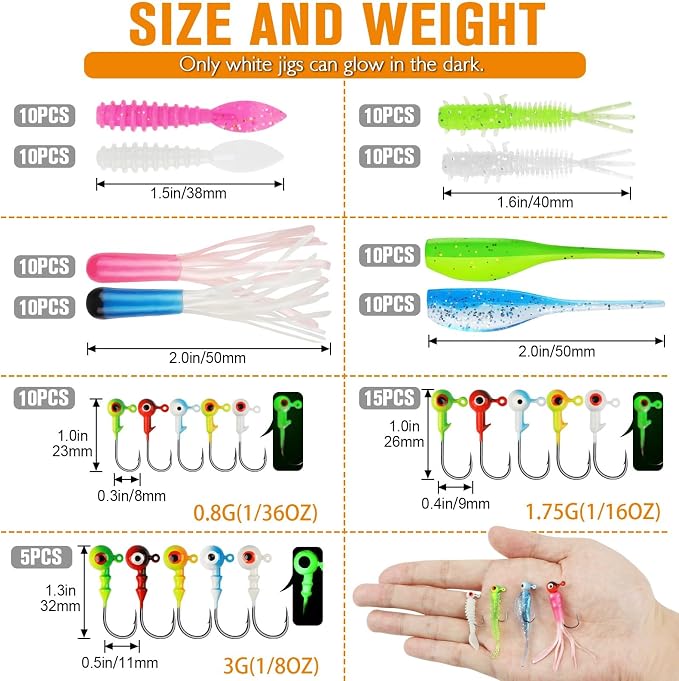 Dovesun Crappie Lures with Jig Heads Kit, Soft Plastic Grubs-Tube Baits 1/8oz 1/16oz 1/32oz Crappie Jigs Walleye Trout Bass Crappie Baits 95-120pcs