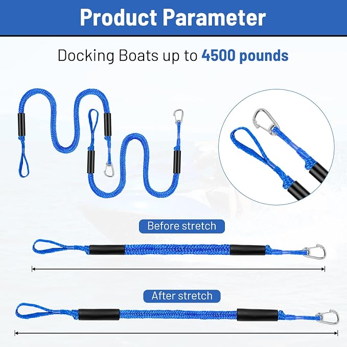 4-5.5ft, Bungee Dock Line with Stainless Steel Clip Safe Boat Rope Mooring String with Foam Float for Pontoon, Boat Accessories, Sea Doo,2 Pack(Blue)