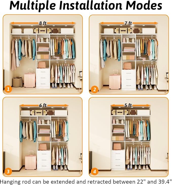 Closet System with Drawers, 5FT-8FT Closet Organizer System with Shelves & Adjustable Hanging Rods, 96" Walk in Closet System Storage Wood, White