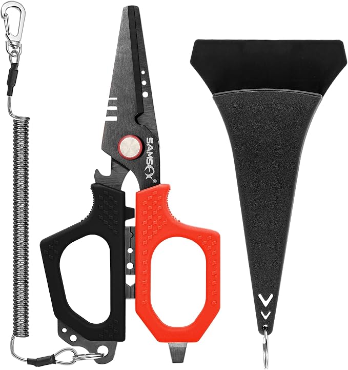 SAMSFX 6.5" Pro Fishing Shears Dual Serrated Blades, Fishing Braided Line Scissors with Titanium Coating, Non-Slip Grip & Multifunction Tool, Includes Hard Molded Locking Sheath & Coiled Lanyard
