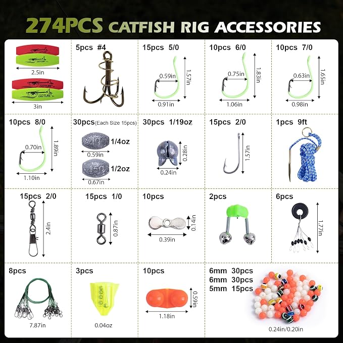 Goture Catfish Rig Making Kit,274pcs/300pcs Catfishing Tackle with Luminous Fishing Hook Swivel Sinker Weights Rattle Float Bobber Stoppers,Catfish Rigs Accessories with 3600 Tackle Box,Gifts for Men