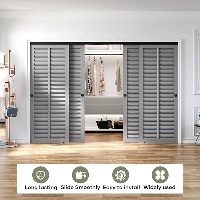 EaseLife 10FT/120in Bypass Double Sliding Pocket Door Hardware Kit,Commercial Grade,Aluminum,Bypassing Wardrobe Closet Door Track for 4 Door System,Slide Smoothly Quietly,Easy Install,Black,No Door