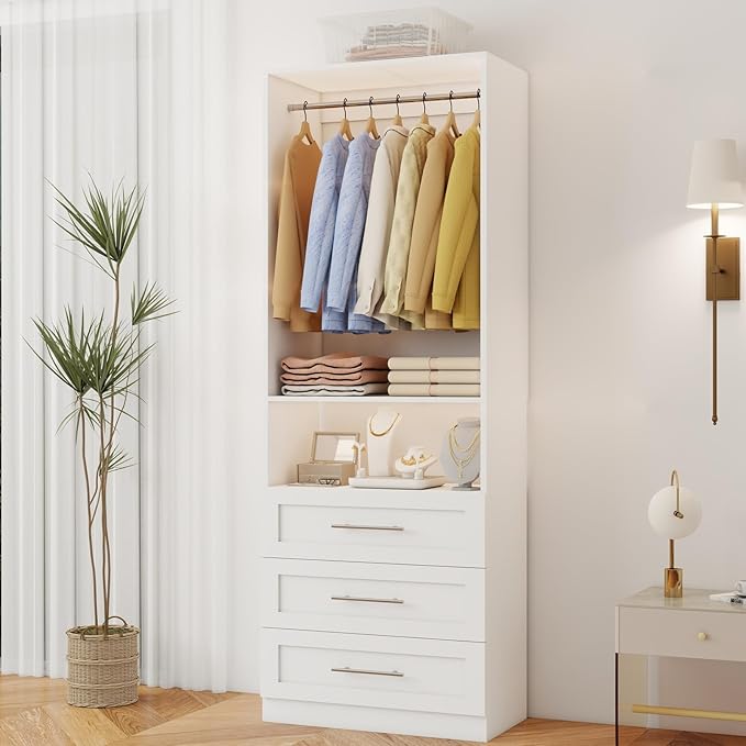 Closet Organizer System with 3 Drawers, Walk in Closet for Closet System, Modular Closet System for Small Spaces with Adjustable Hanging Rods,for Bedroom, Dorm Rooms or Apartment Living(2FT)