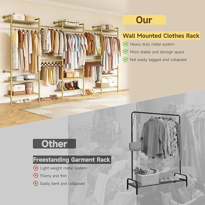 H5 Wall Mounted Closet System, Industrial Pipe Clothes Racks Clothing Rack with 4 Telescopic Rods & 3 Fixing Rods & 9 Shelves, Heavy Duty Closet Organizers and Storage in Wardrobe Closet (Gold)