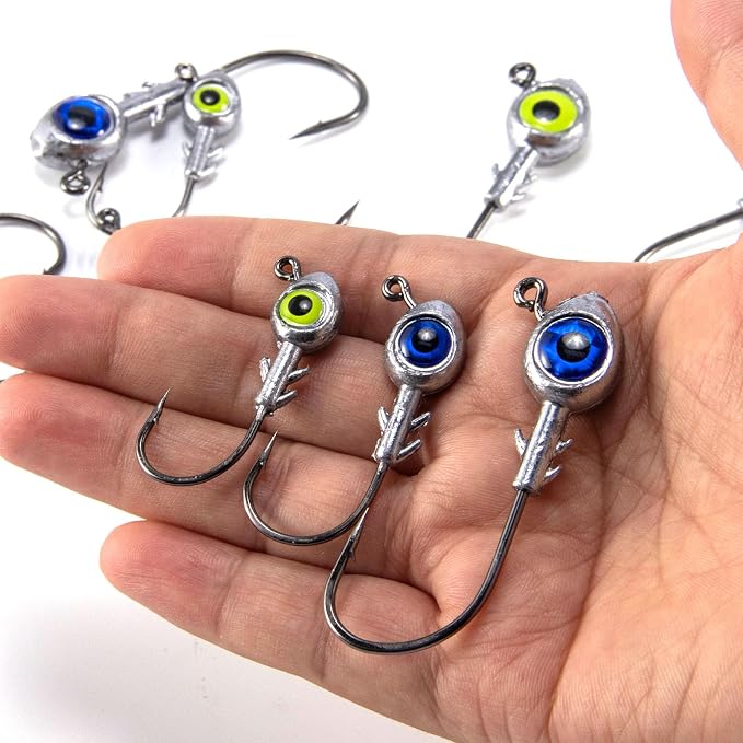 Dr.Fish 10 Pack Fishing Eyes Jigs 3D Eyes Trout Heads Bass Hook Saltwater Swimbait Jig Heads Freshwater Walleye Redfish Striper 1/2oz 3/8oz 1/4oz 3/16oz