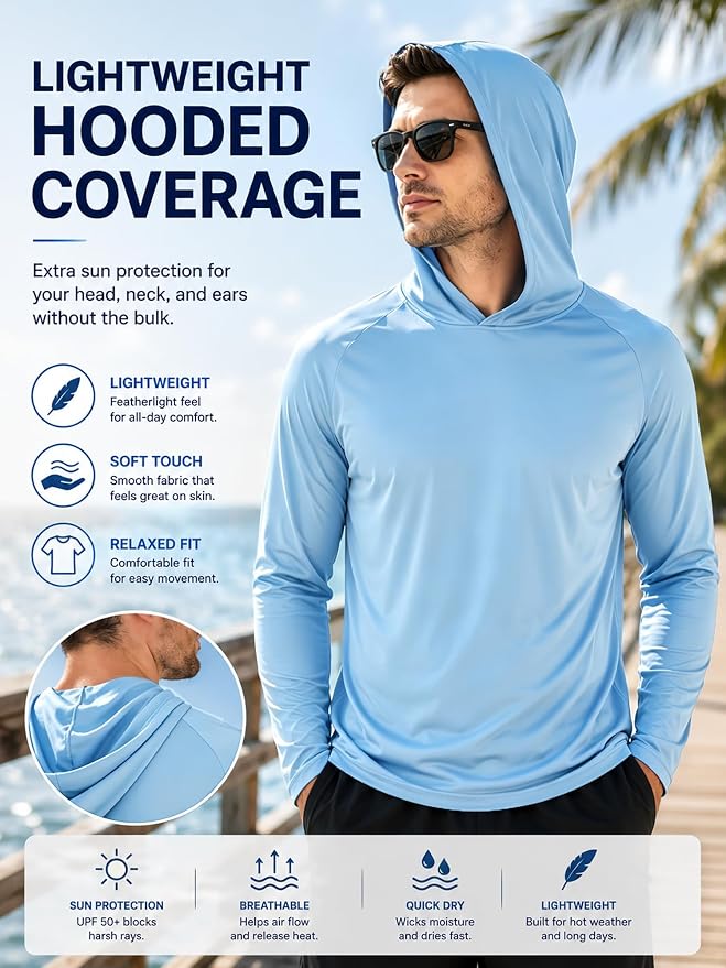 ZITY 3 Pack Men's Sun Protection Hoodie Shirt Fishing Shirts for Men UPF 50+ Long Sleeve Shirt Lightweight Rash Guard