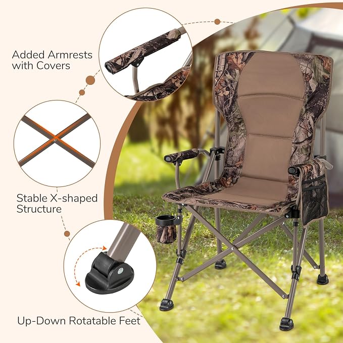 Goplus Folding Camping Chair, 400 LBS Support Lawn Chair w/Armrests with Covers, Cup Holder & Storage Pocket, Adjustable Feet, Portable Camp Chair with Carrying Bag, for Fishing Hunting Picnic